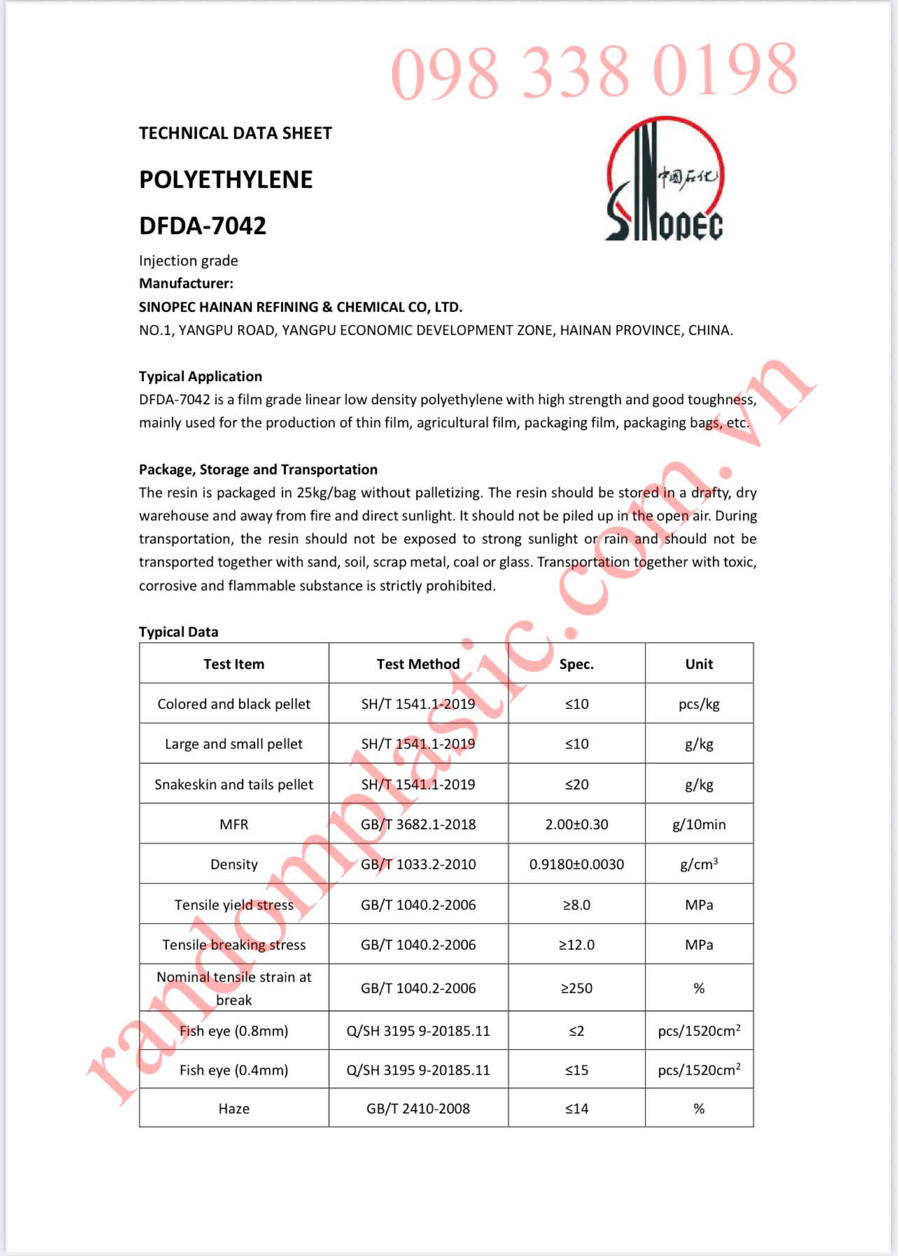 HẠT NHỰA NGUYÊN SINH LLDPE 7042 SINOPEC