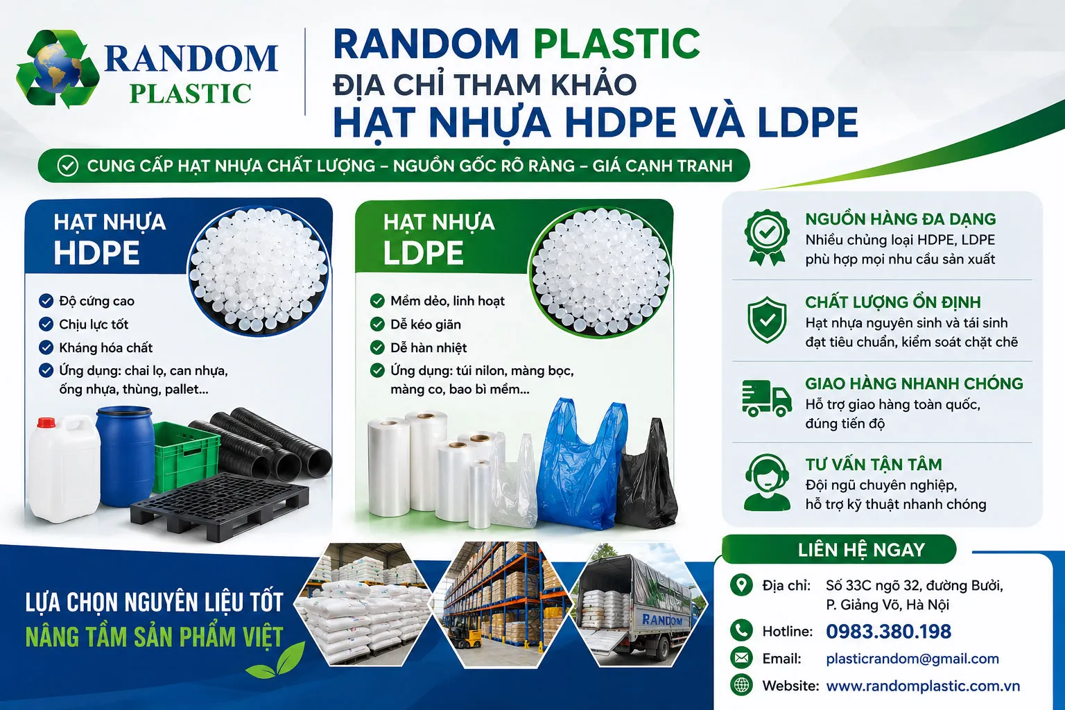 Random Plastic hỗ trợ khách hàng lựa chọn nguyên liệu nhựa phù hợp dựa trên nhu cầu sử dụng thực tế.