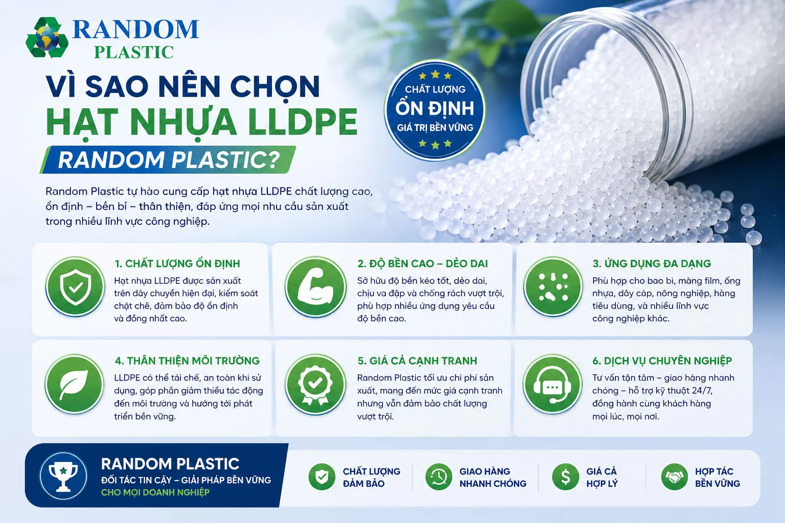 Random Plastic chuyên cung cấp hạt nhựa LLDPE chất lượng cao, đáp ứng nhu cầu của nhiều doanh nghiệp trong lĩnh vực sản xuất nhựa.
