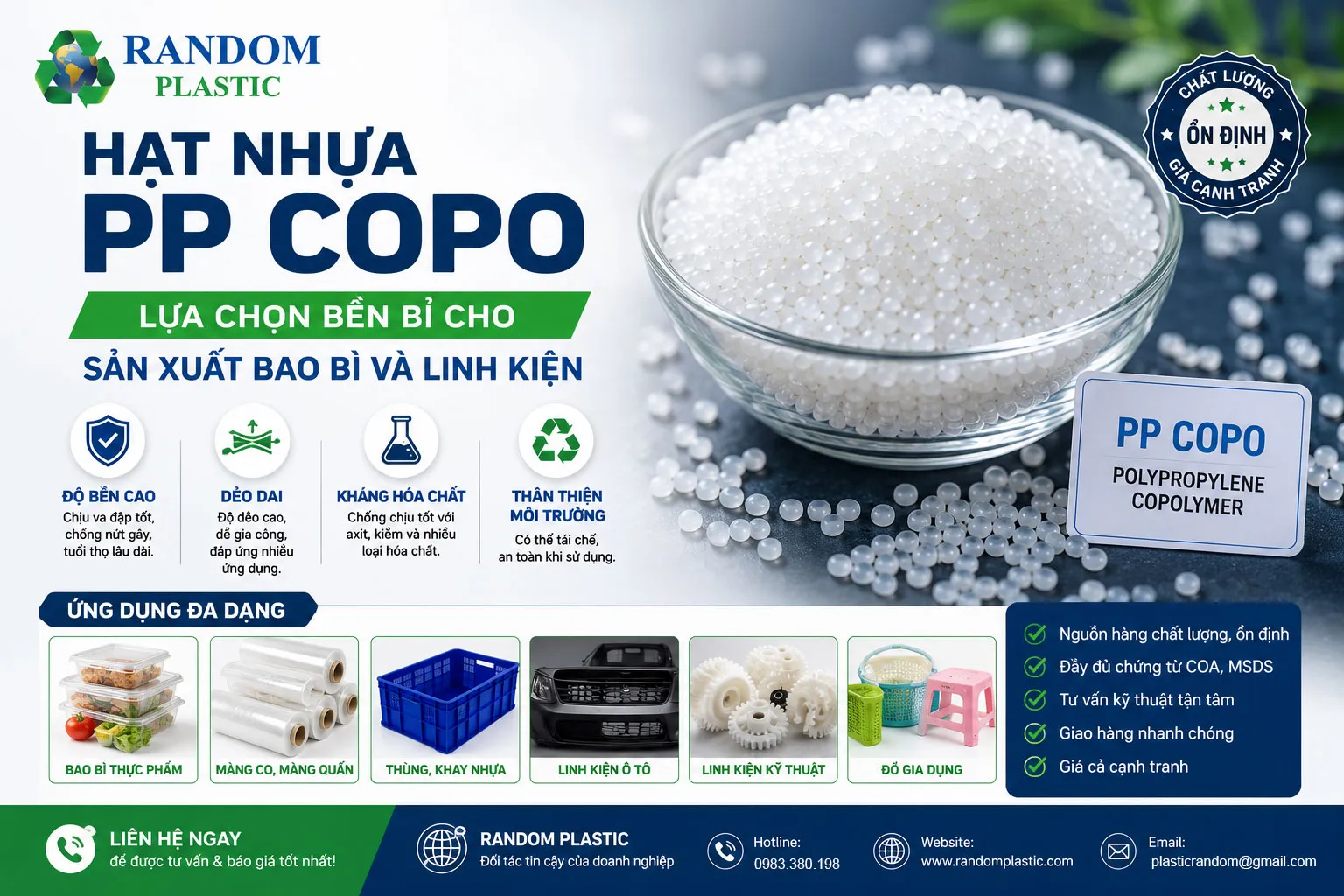 Hạt nhựa PP Copo: Lựa chọn bền bỉ cho sản xuất bao bì và linh kiện.