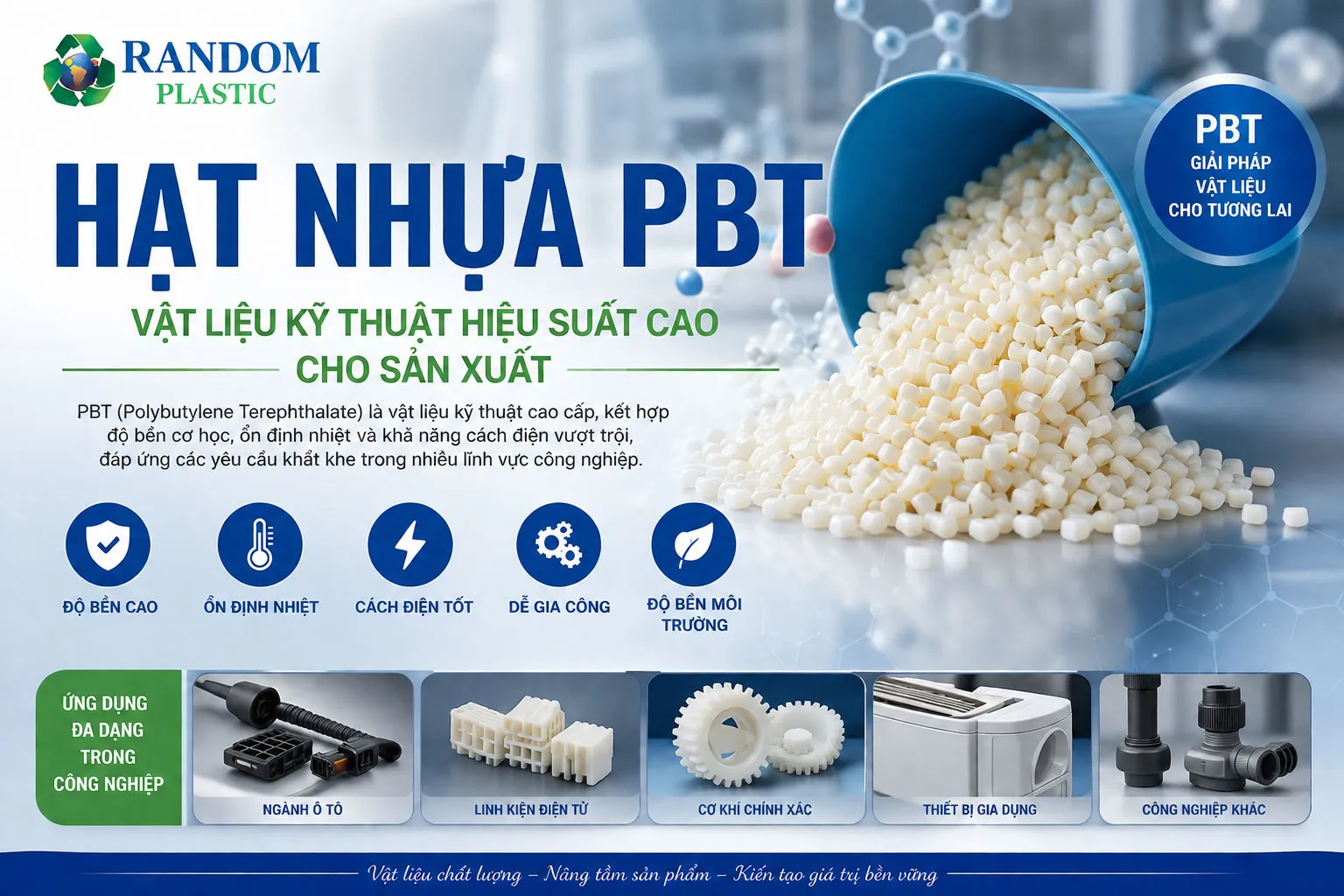 Hạt nhựa PBT có độ cứng tốt, khả năng chịu tải và chống va đập hiệu quả.