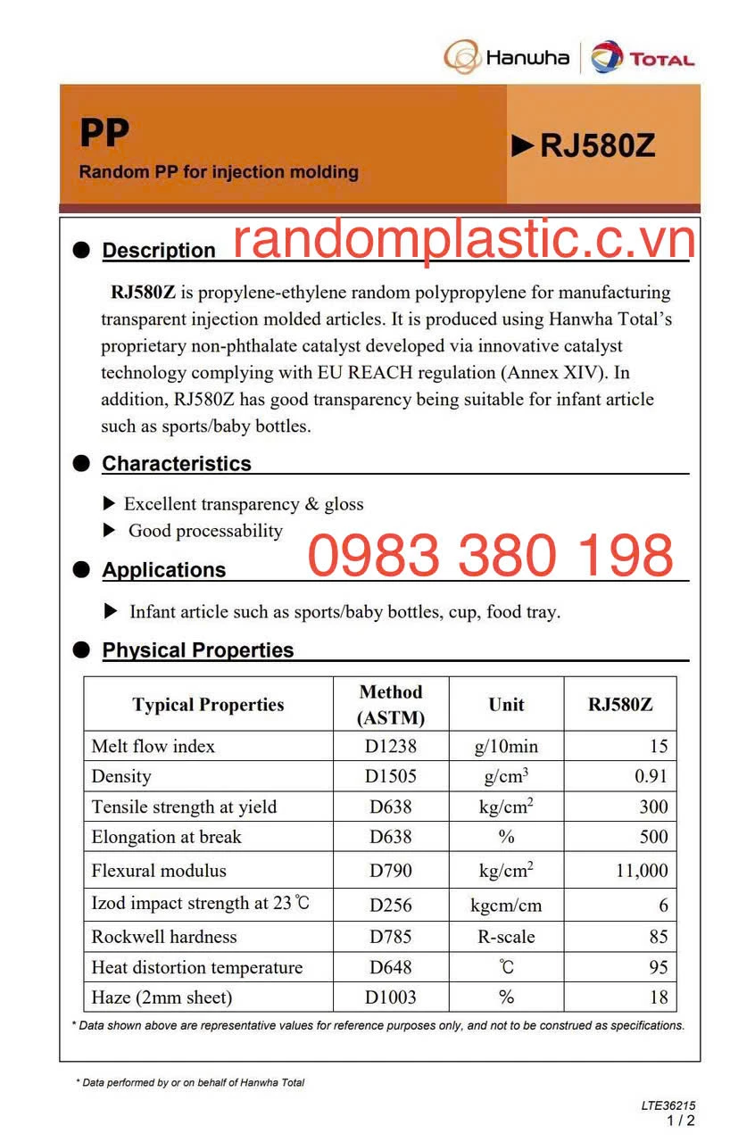 Hạt nhựa nguyên sinh PP RJ580Z