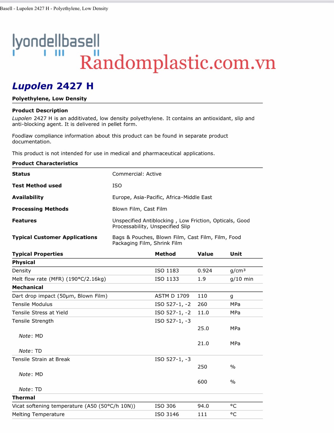 Hạt nhựa nguyên sinh LDPE 2427H