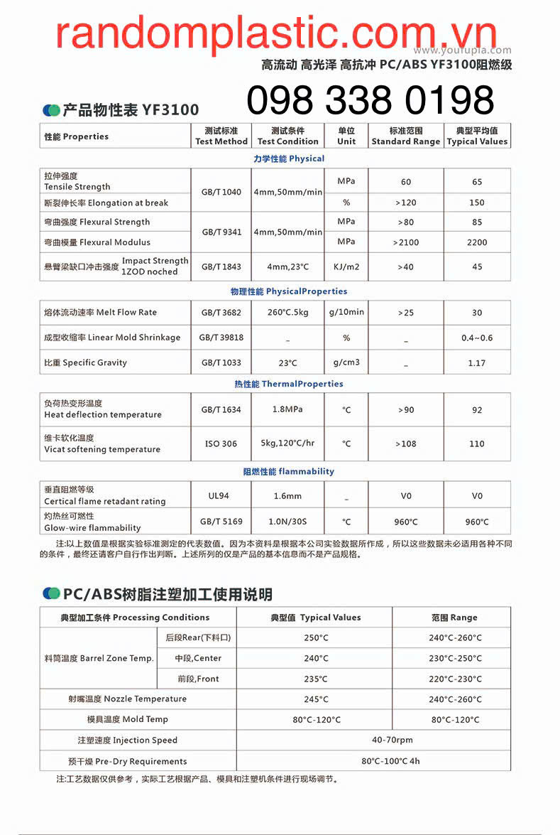 HẠT NHỰA NGUYÊN SINH PC/ABS YF3100 